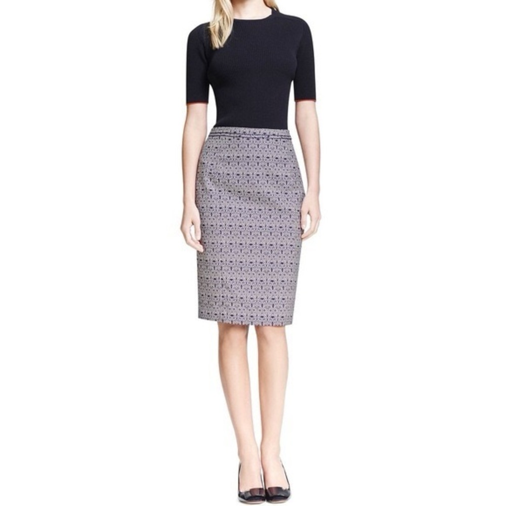 Tory Burch Jacquard Floral Printed Knee-Length Elegant Navy White Skirt Sz 2